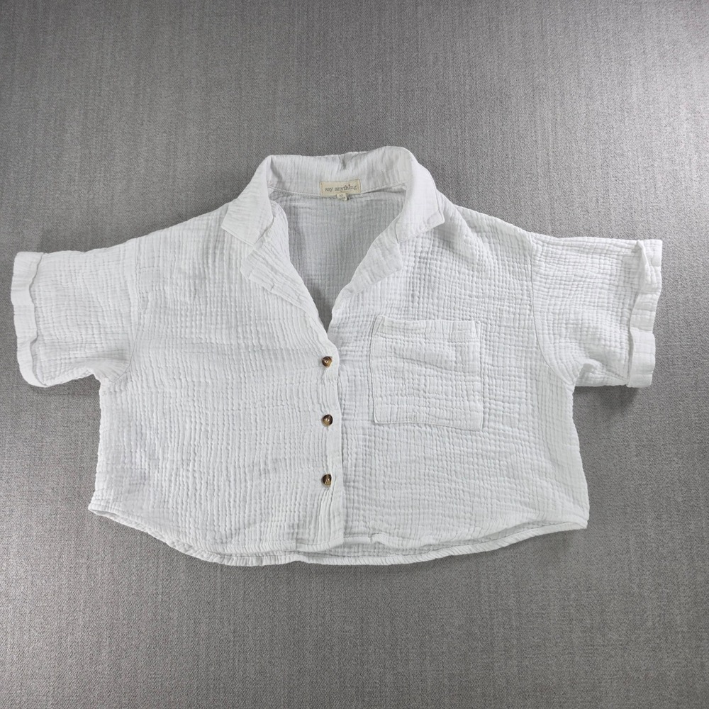 Say Anything Gauze Top Women Medium White Cotton Cropped Short Sleeve‎ Button Up